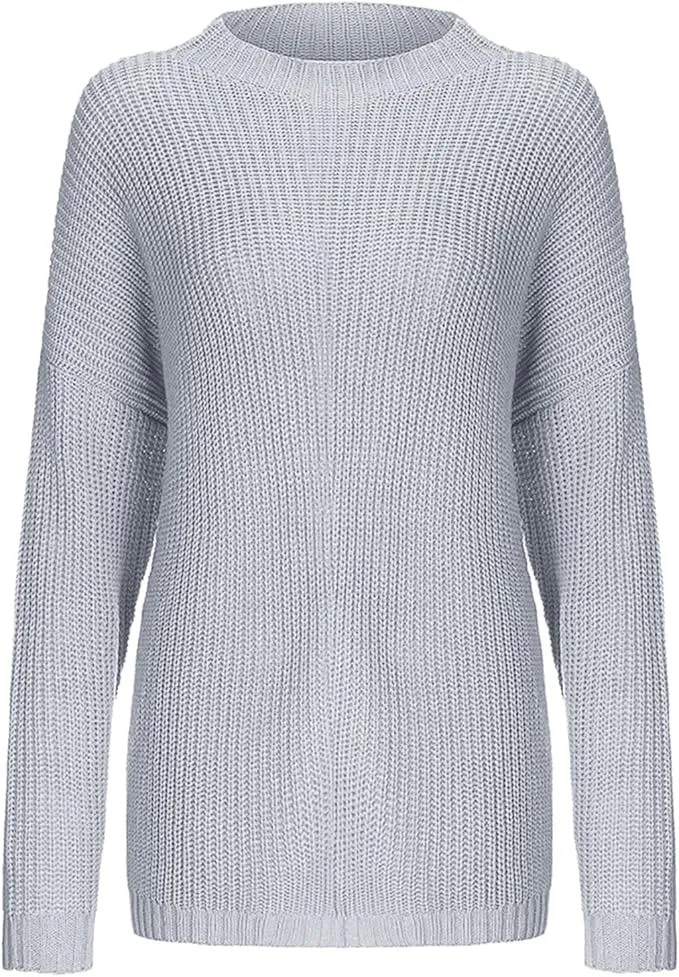 NEW Bolayu Women Loose Plus Size Round Neck Pullover Solid Color Knit Sweater Pullover Grey, Large