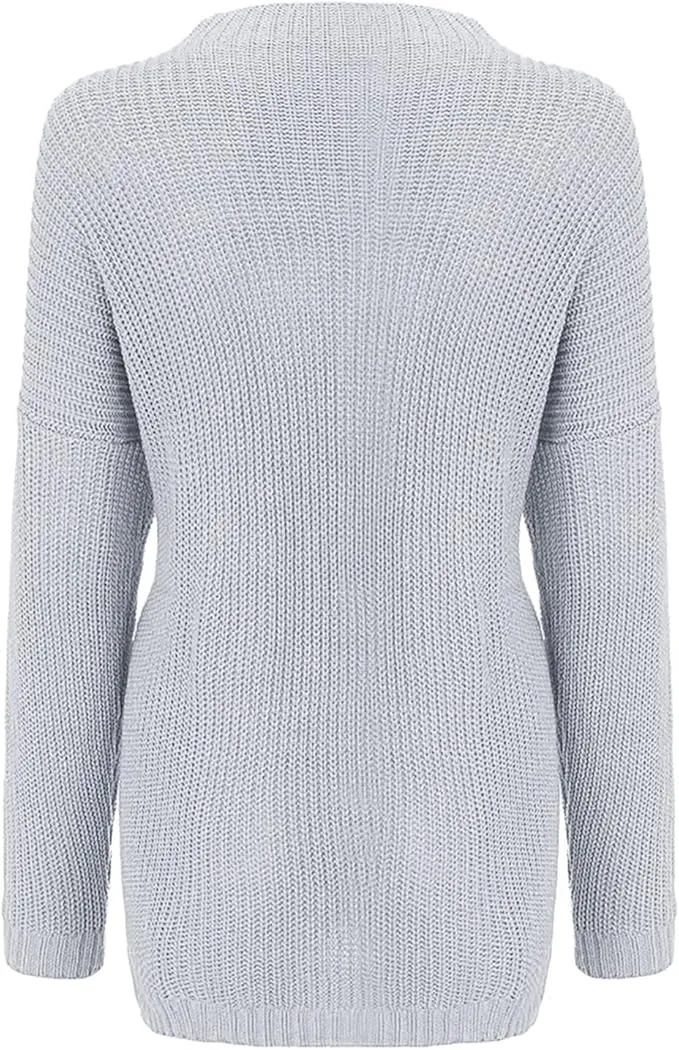 NEW Bolayu Women Loose Plus Size Round Neck Pullover Solid Color Knit Sweater Pullover Grey, Large