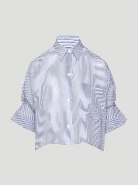 Next Ex Silk Cotton Cropped Shirt in Navy Stripe