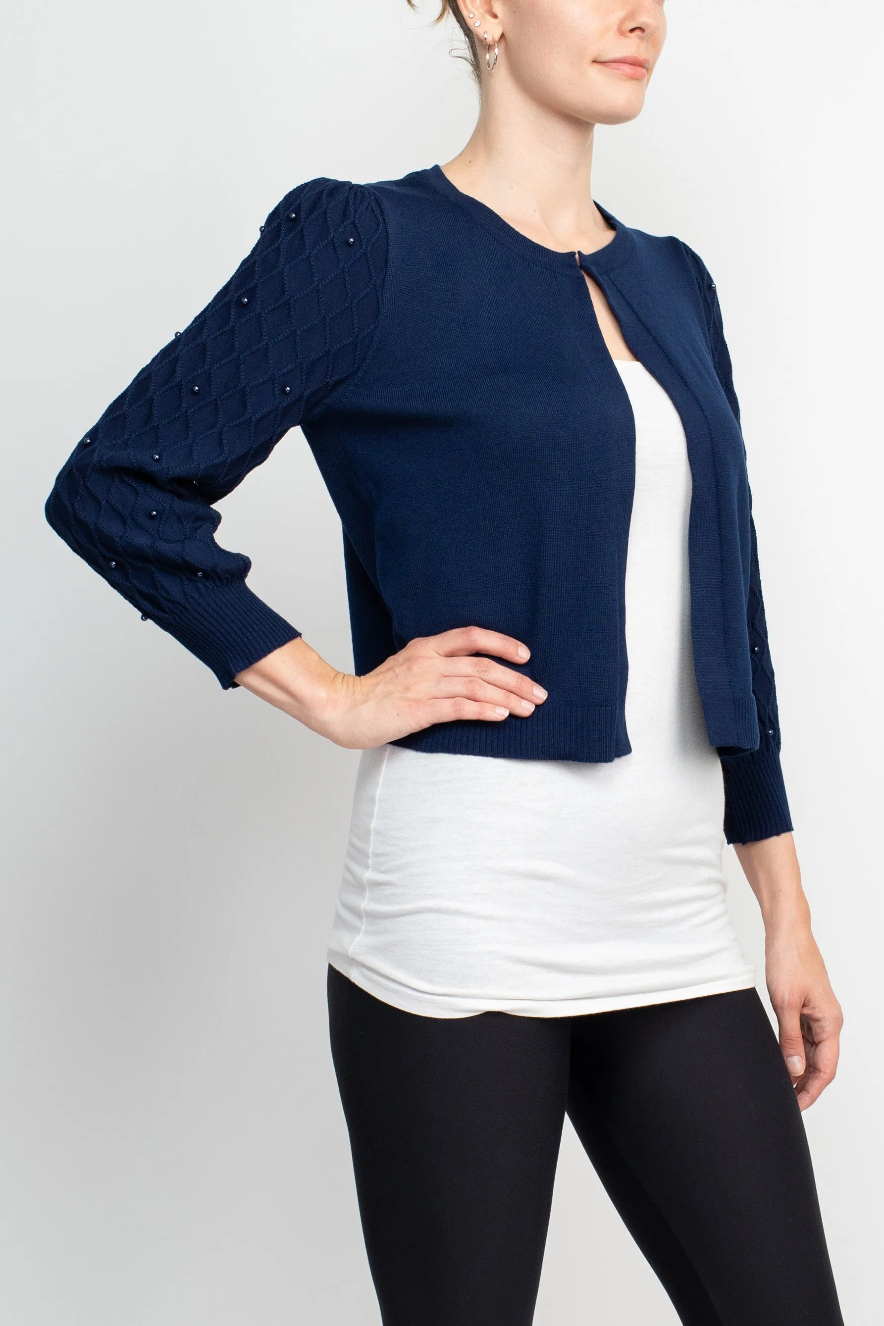 Nina Leonard Crew Neck Hook Closure 3/4 Bishop Sleeves Knit Jacket