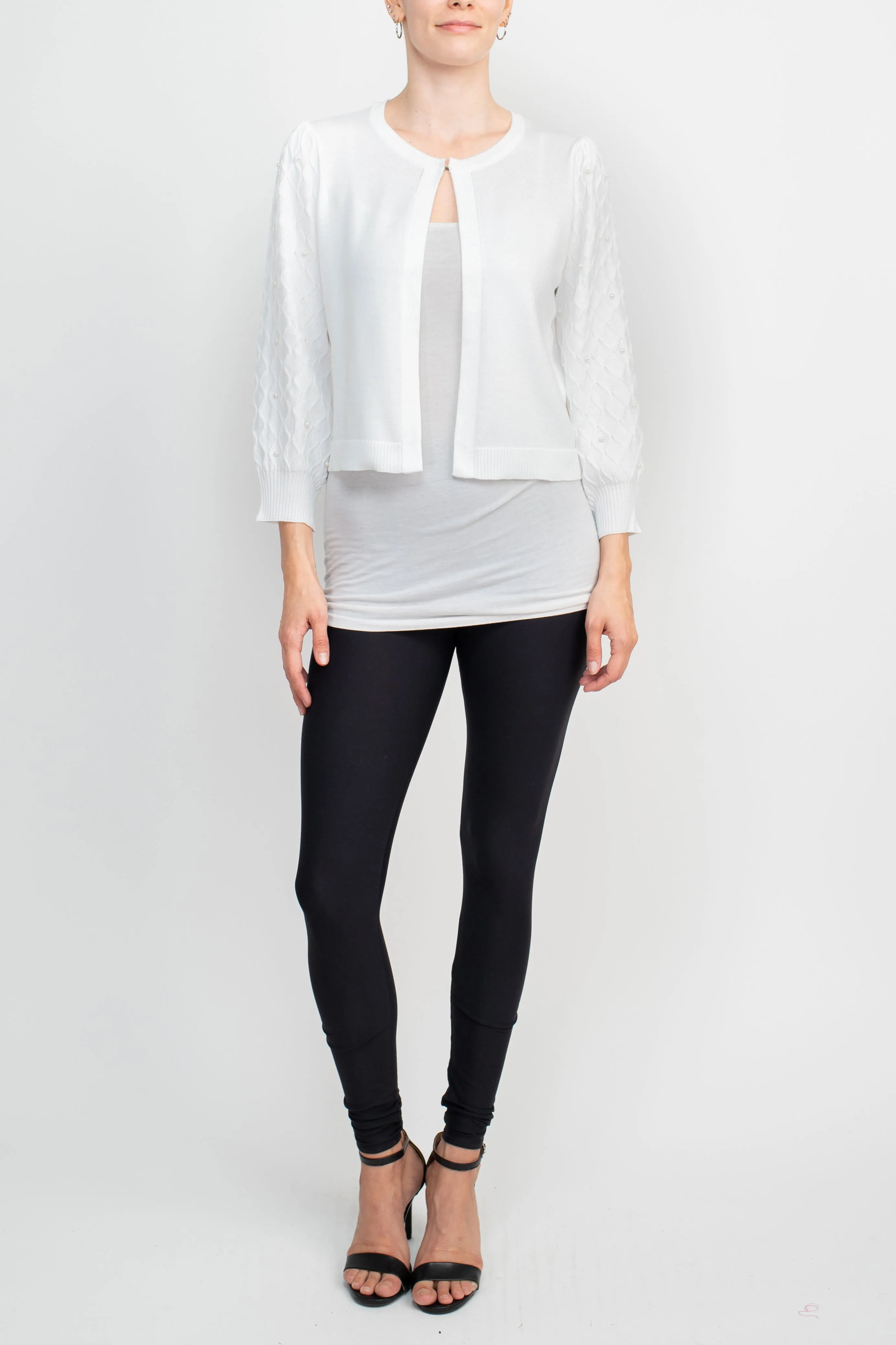 Nina Leonard Crew Neck Hook Closure 3/4 Bishop Sleeves Knit Jacket