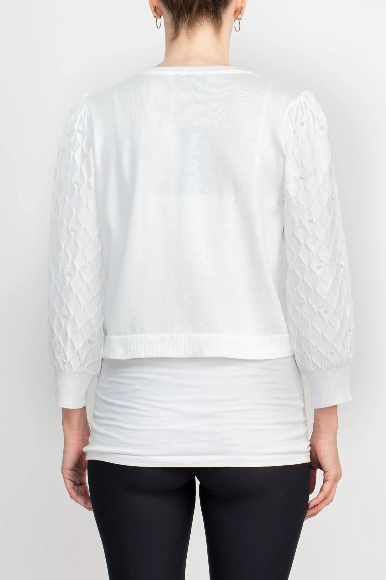 Nina Leonard Crew Neck Hook Closure 3/4 Bishop Sleeves Knit Jacket