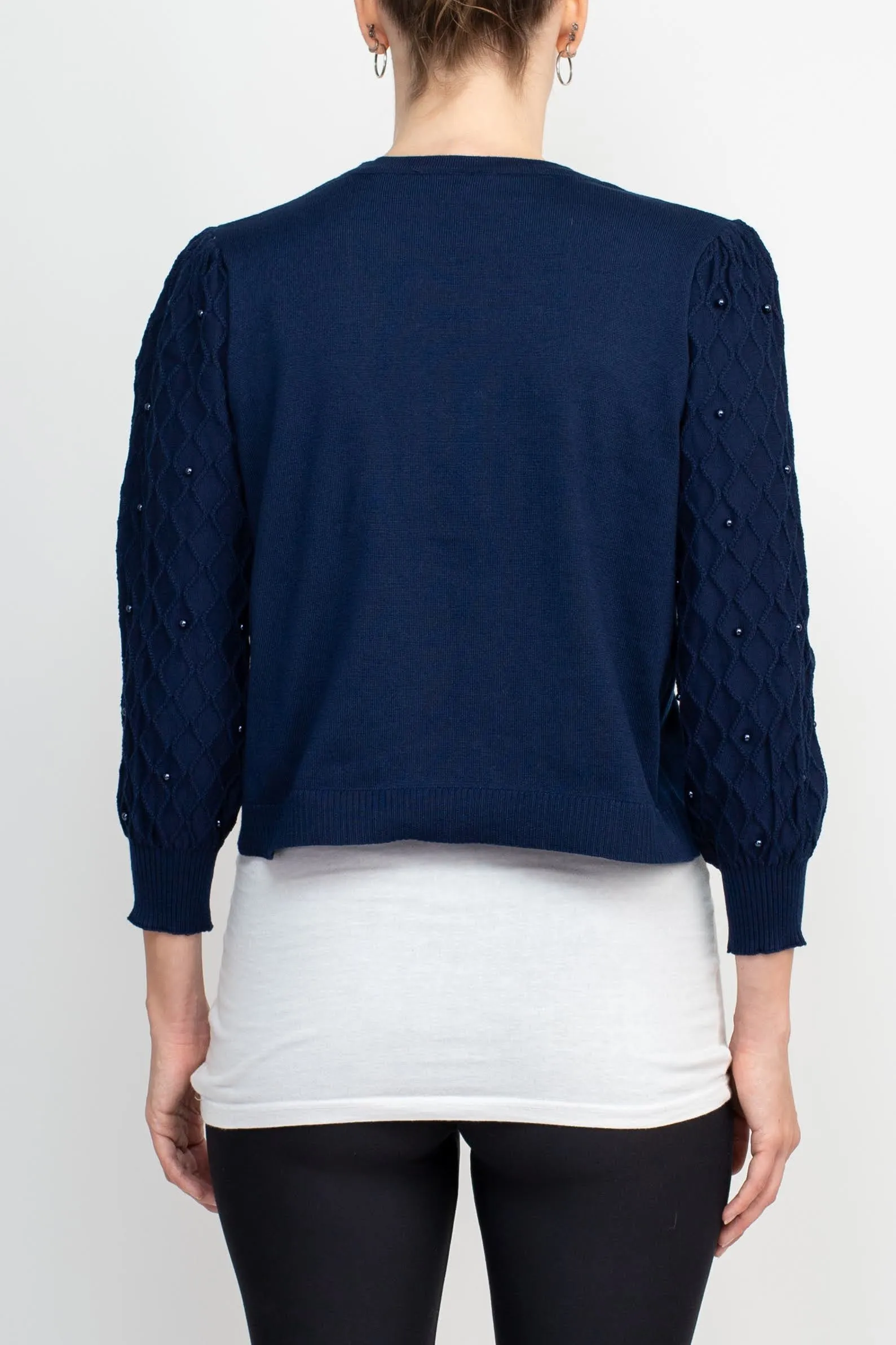 Nina Leonard Crew Neck Hook Closure 3/4 Bishop Sleeves Knit Jacket