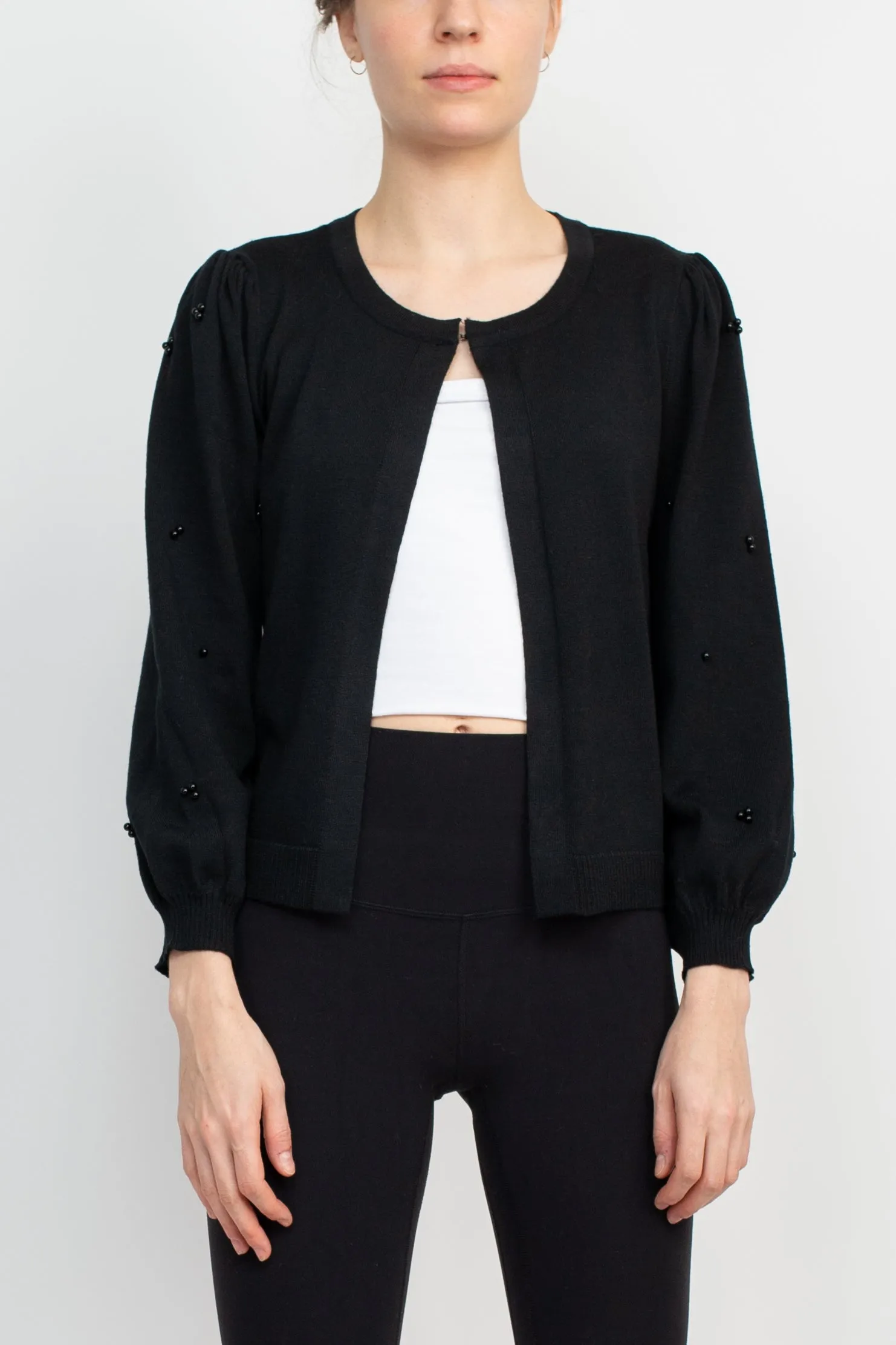 Nina Leonard Crew Neck Hook Closure 3/4 Bishop Sleeves Knit Jacket