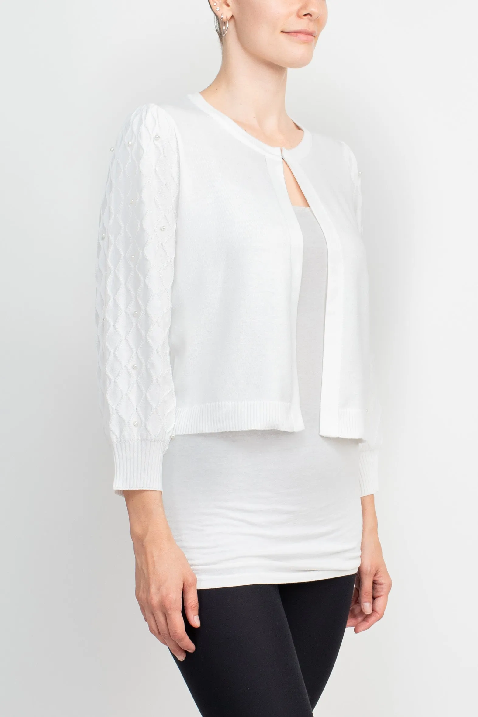 Nina Leonard Crew Neck Hook Closure 3/4 Bishop Sleeves Knit Jacket
