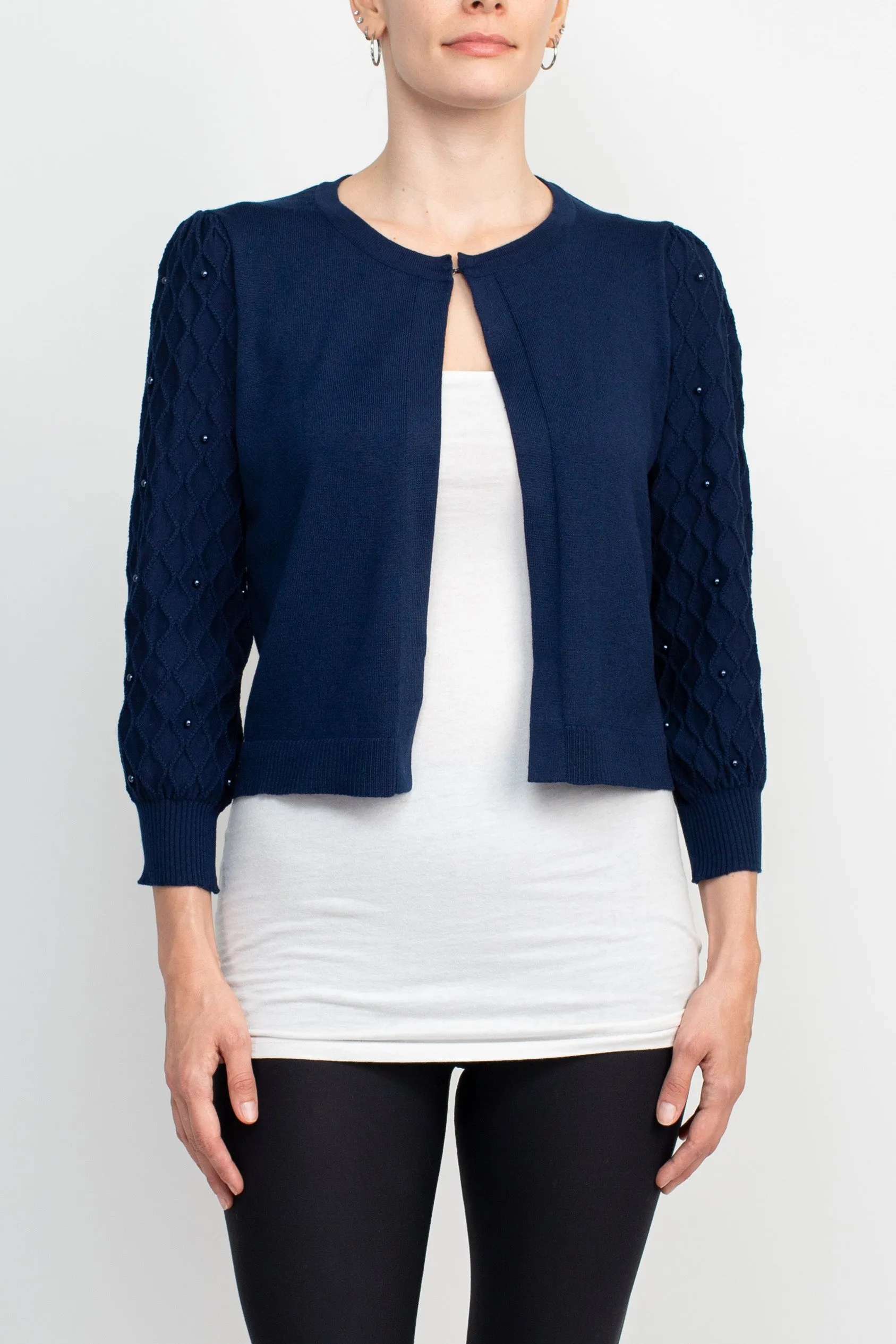 Nina Leonard Crew Neck Hook Closure 3/4 Bishop Sleeves Knit Jacket