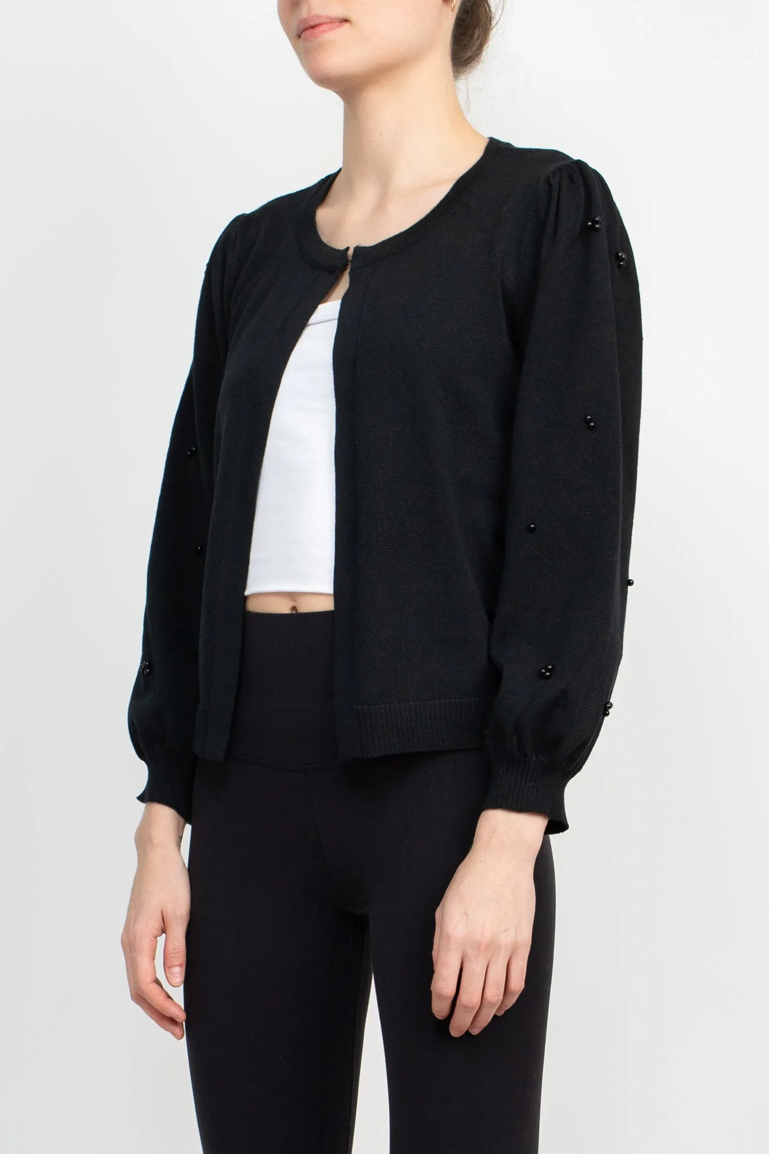 Nina Leonard Crew Neck Hook Closure 3/4 Bishop Sleeves Knit Jacket