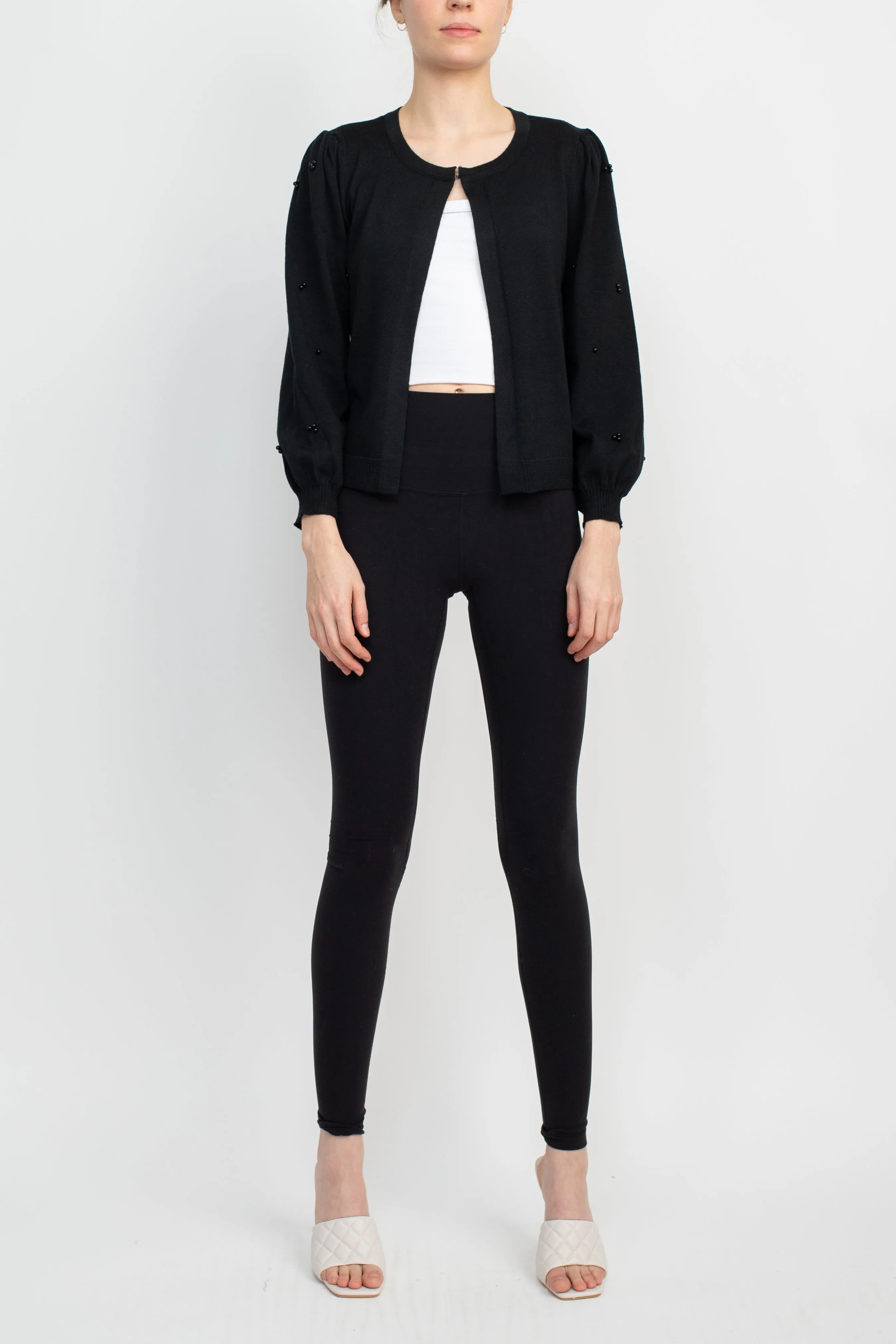 Nina Leonard Crew Neck Hook Closure 3/4 Bishop Sleeves Knit Jacket