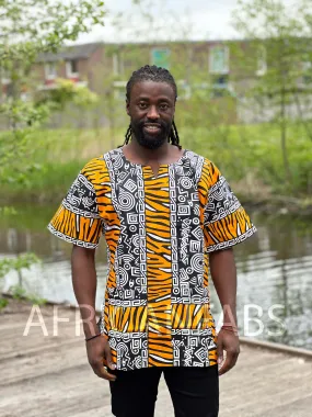 Orange / white Bogolan Dashiki Shirt / Dashiki Dress - African print top - Unisex