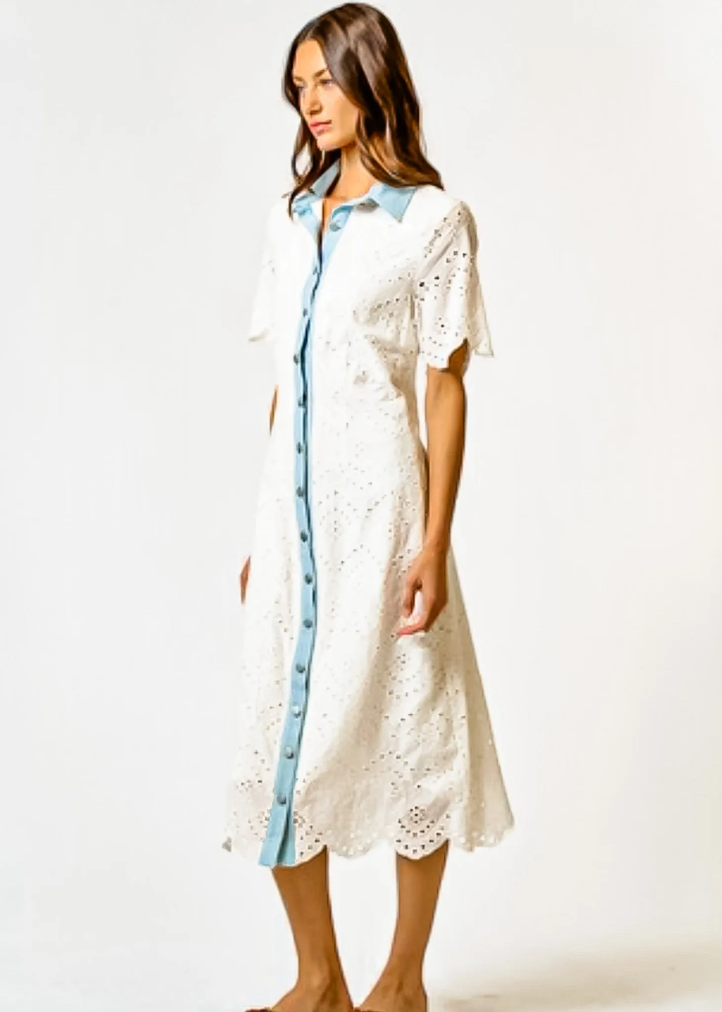 Paola, Womens, Button-Down Midi Dress, White Eyelet with Chambrey Trim