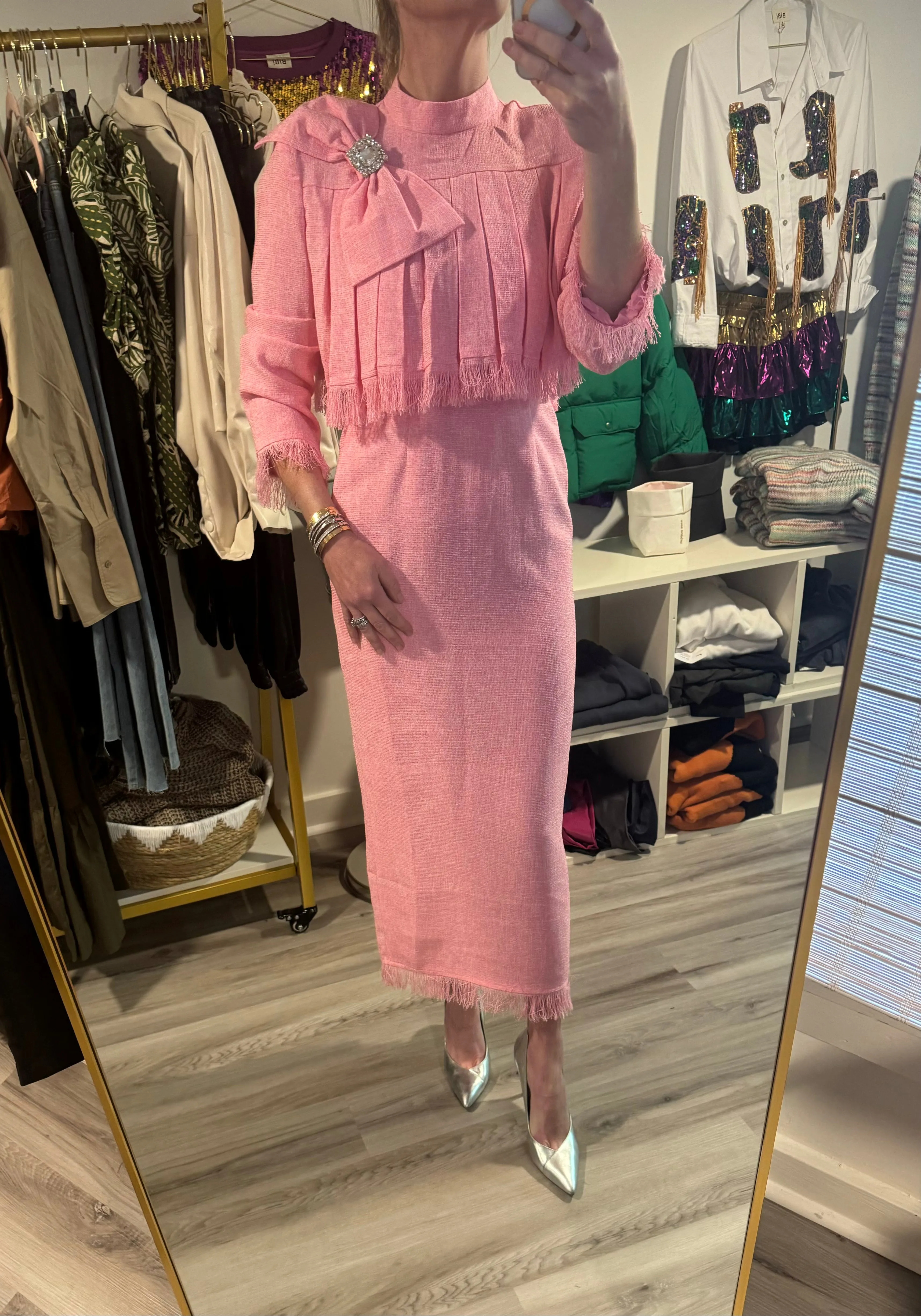 Pink Two Piece Skirt and Bow Jacket Set