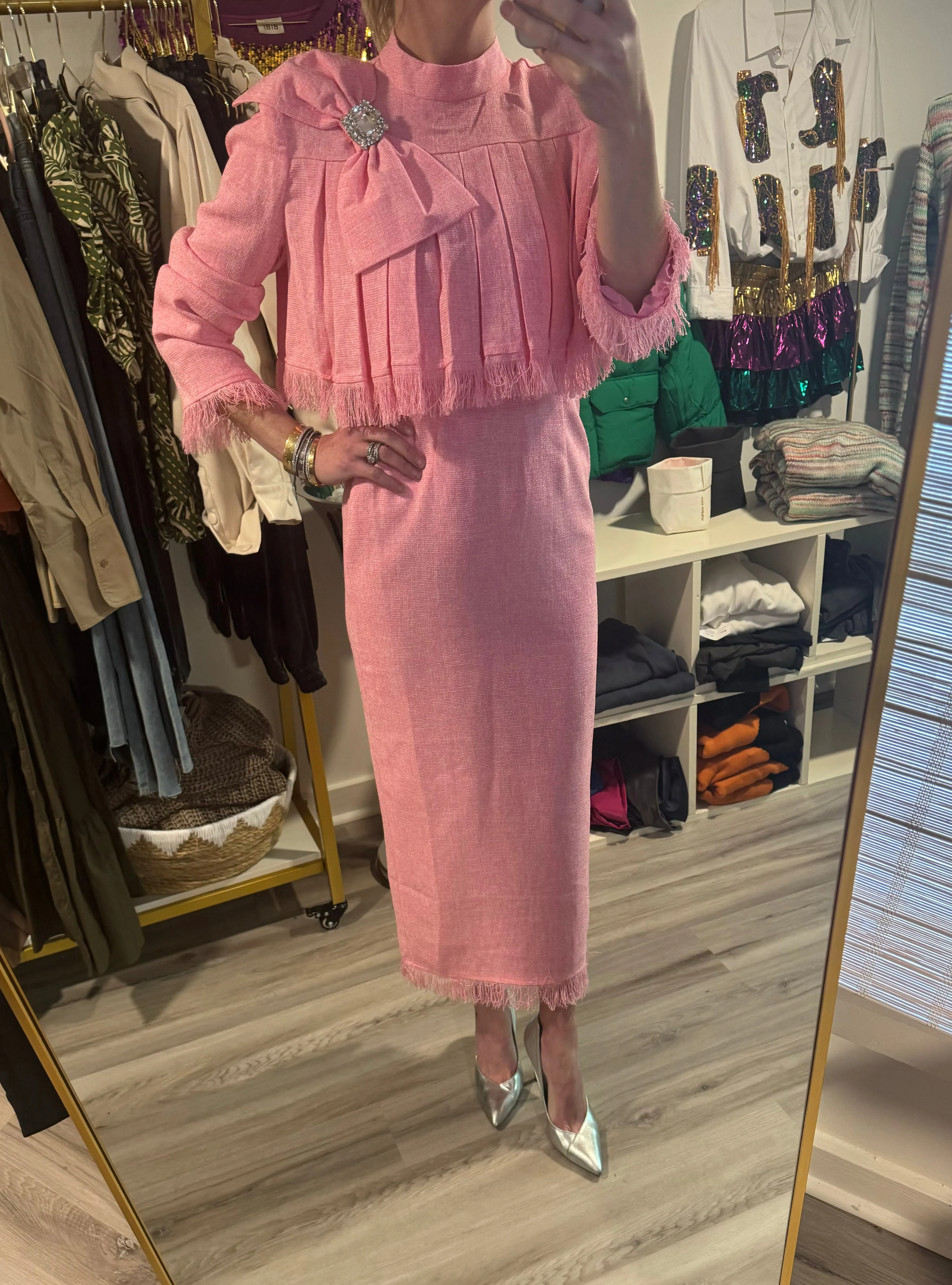 Pink Two Piece Skirt and Bow Jacket Set