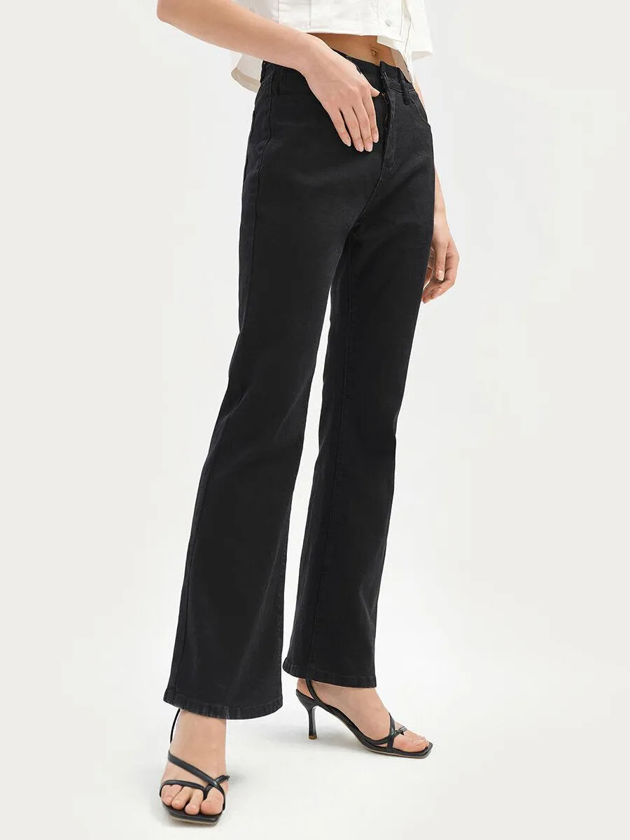 Plain Button Natural Waist Flare Leg Jeans