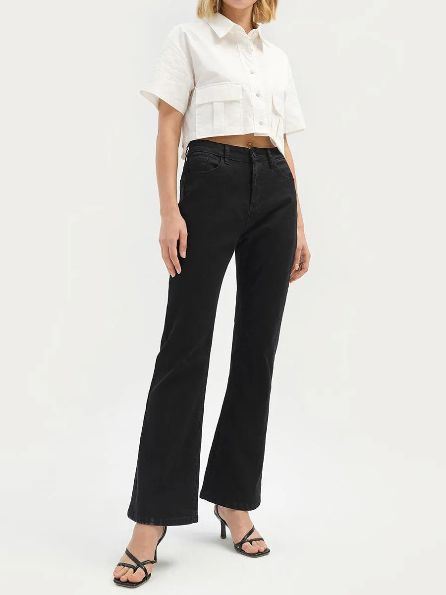 Plain Button Natural Waist Flare Leg Jeans