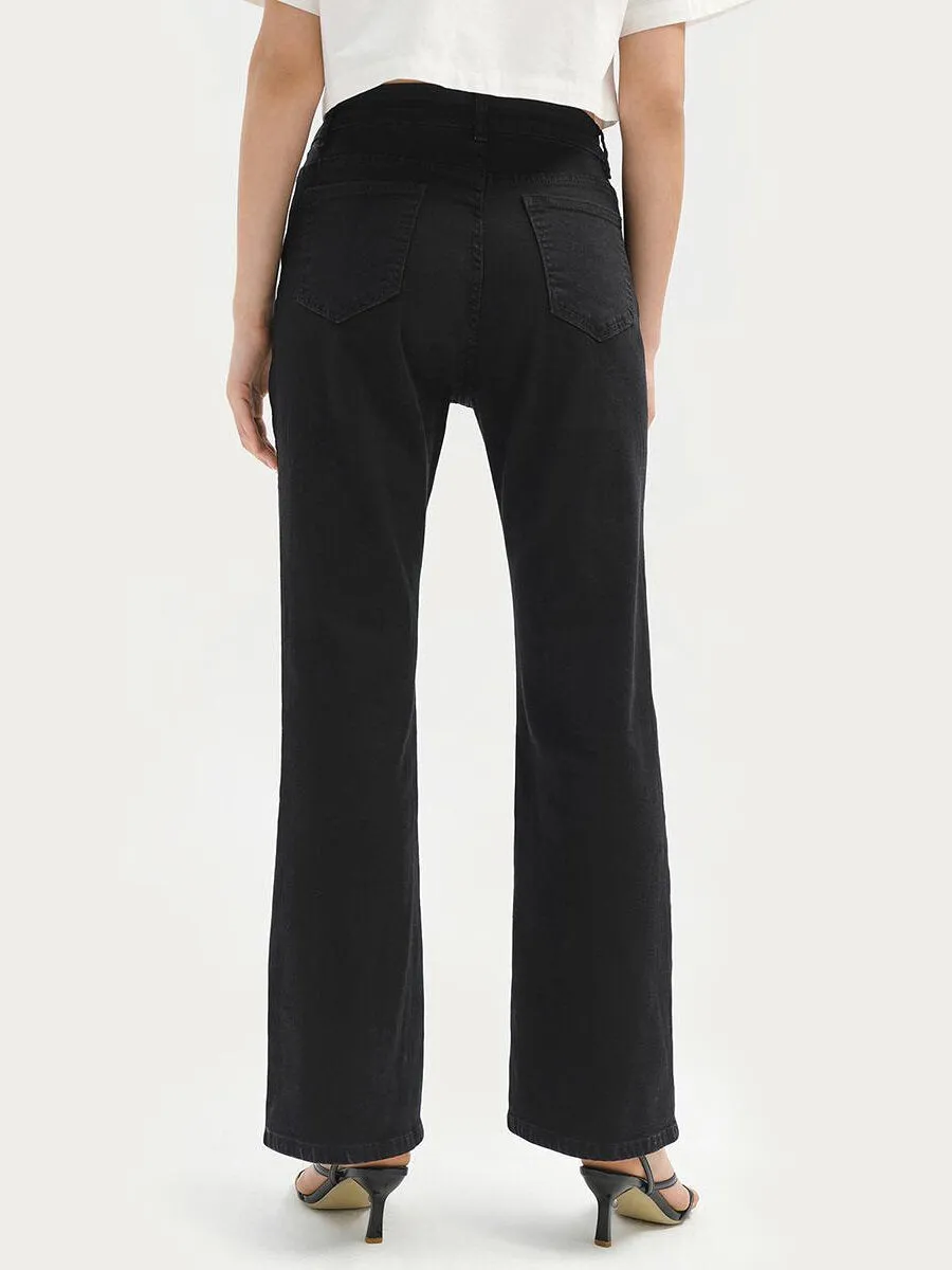 Plain Button Natural Waist Flare Leg Jeans