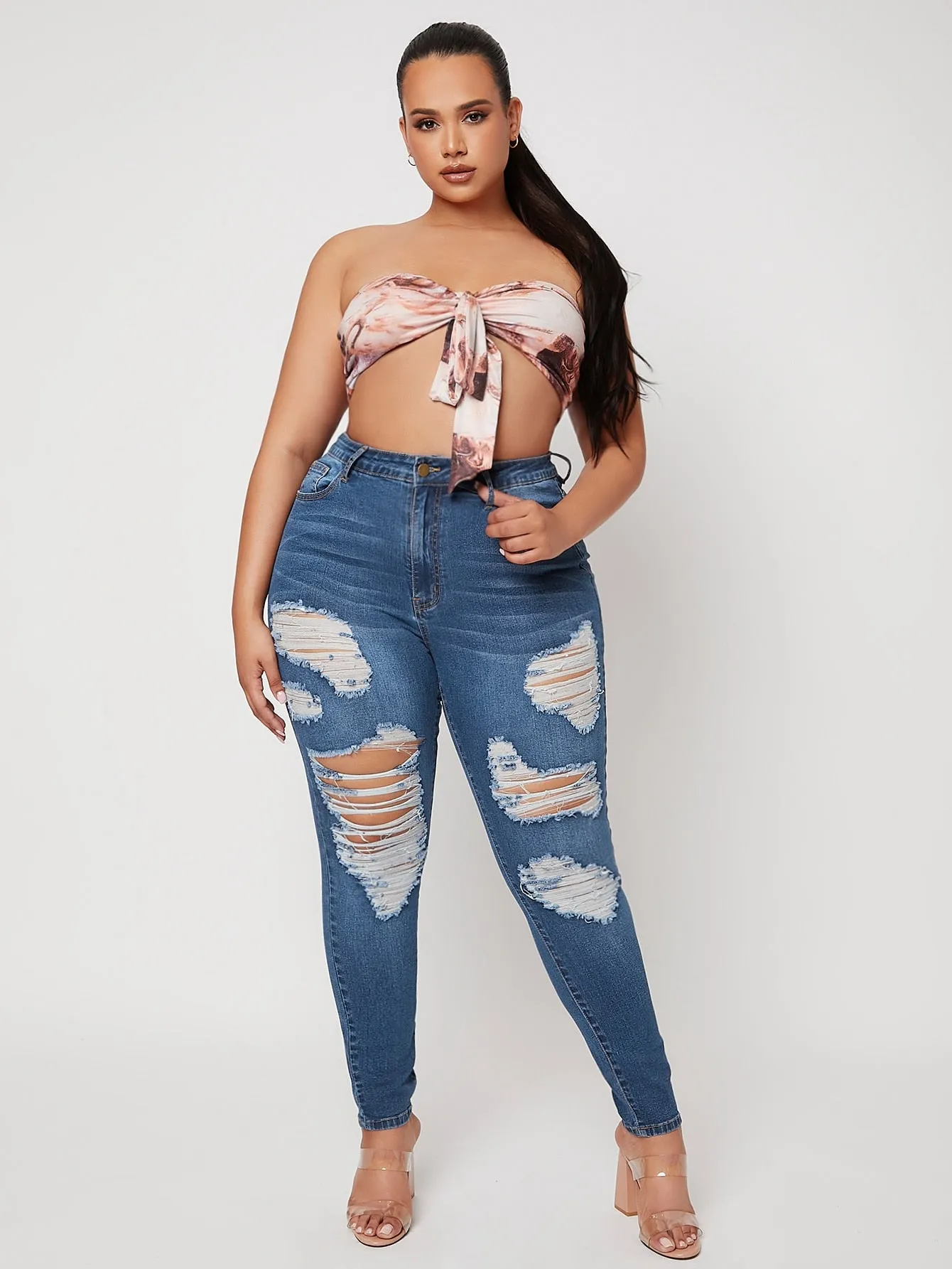 Plain Cat'S Whiskers High Waist Long Plus Size Jeans