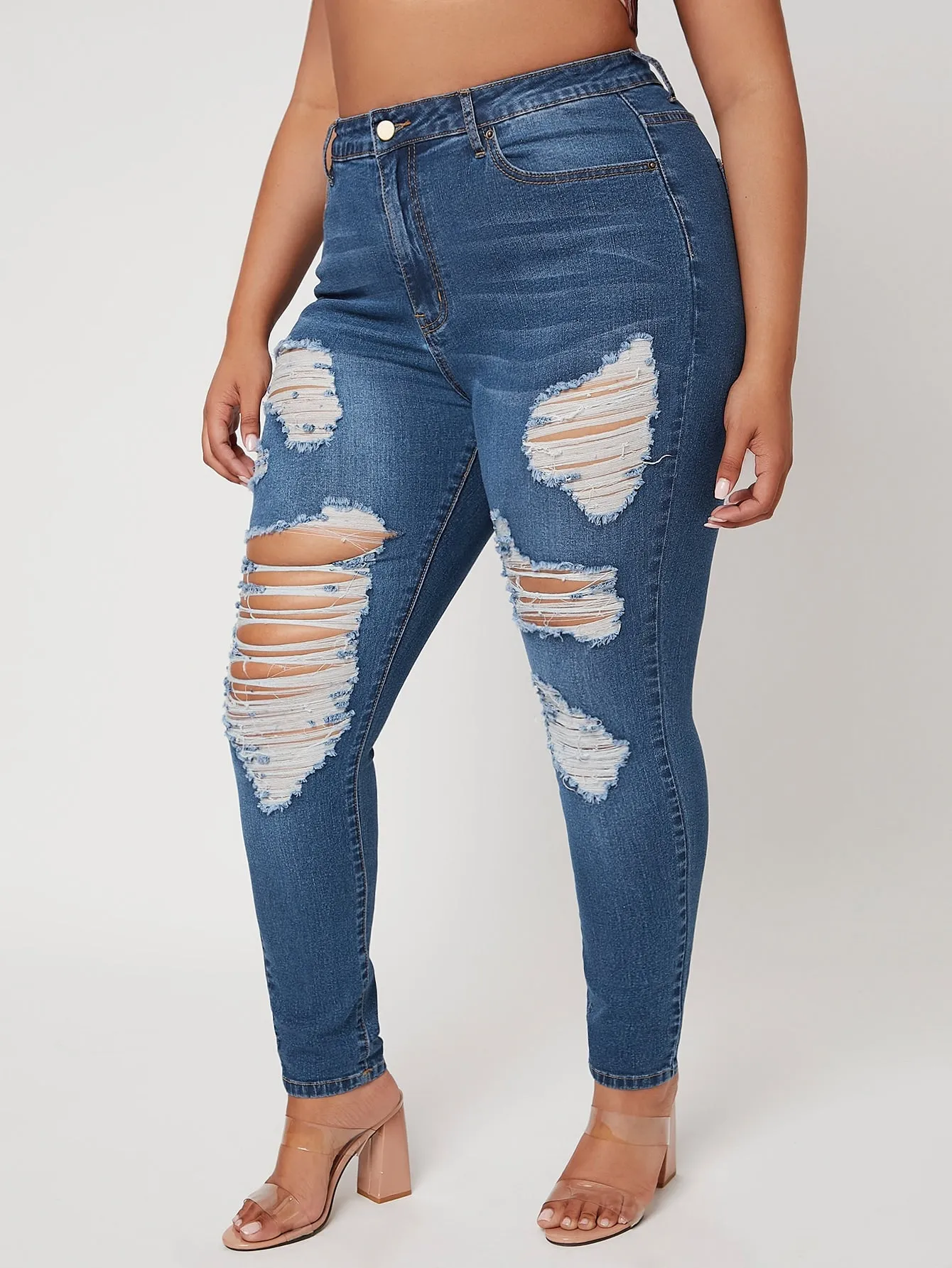 Plain Cat'S Whiskers High Waist Long Plus Size Jeans