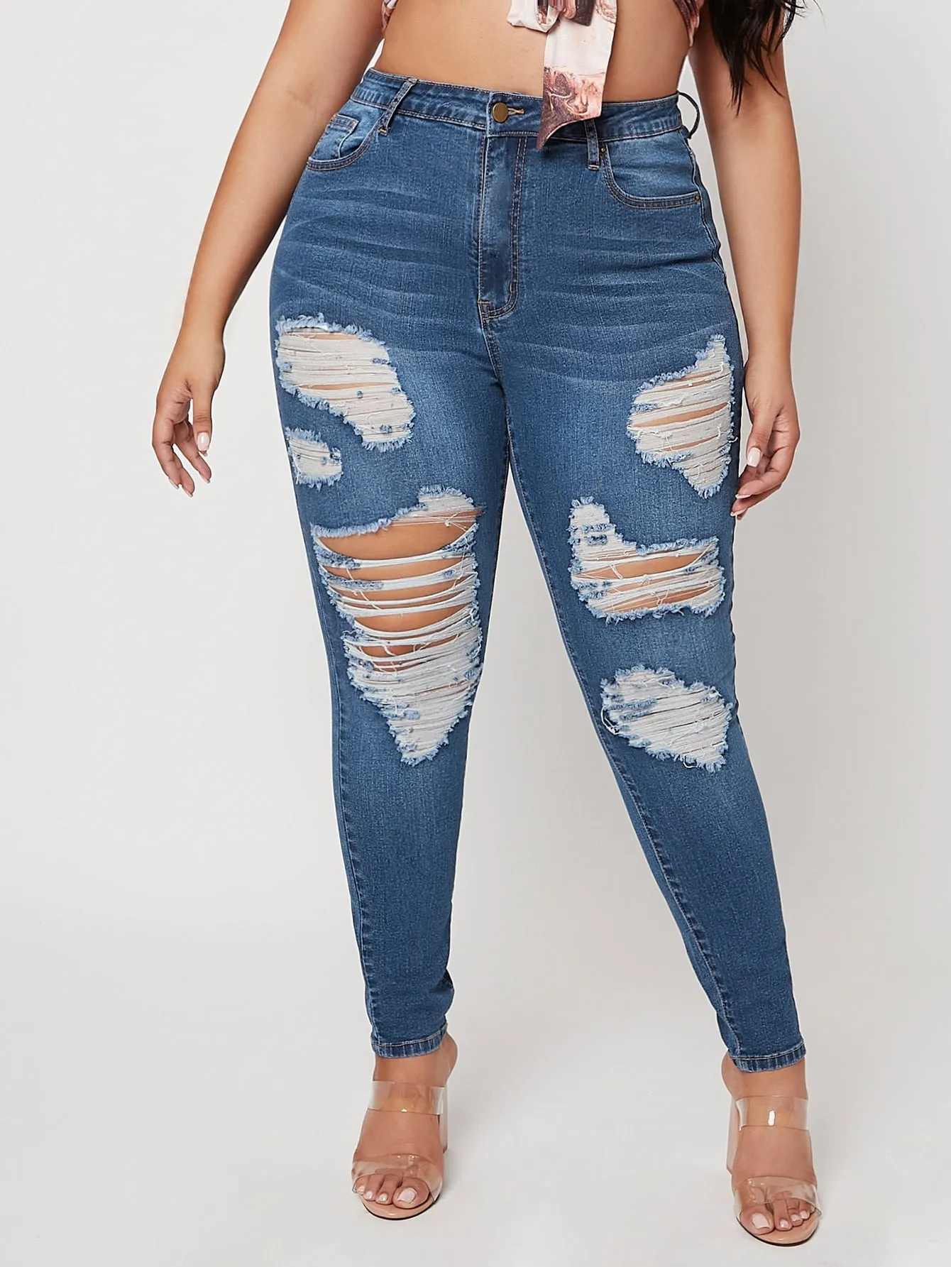 Plain Cat'S Whiskers High Waist Long Plus Size Jeans