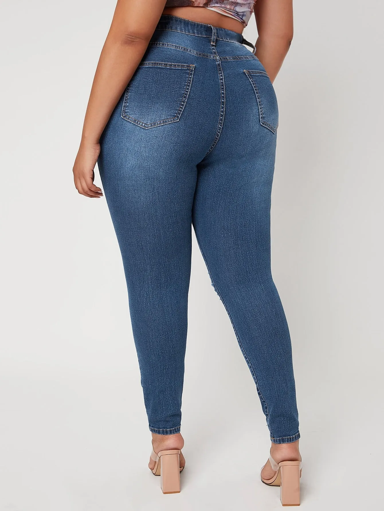 Plain Cat'S Whiskers High Waist Long Plus Size Jeans