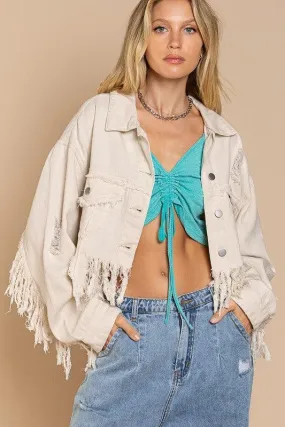 PLUS Fringe-Detailed | Cropped Denim Jacket