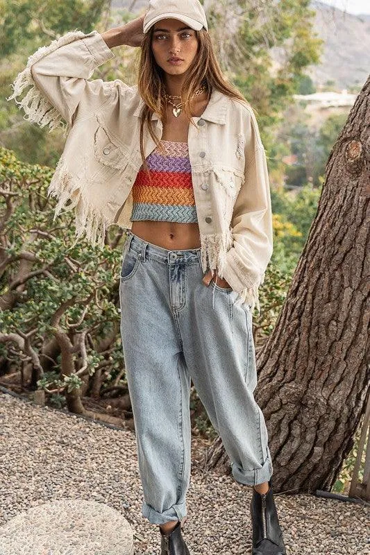 PLUS Fringe-Detailed | Cropped Denim Jacket