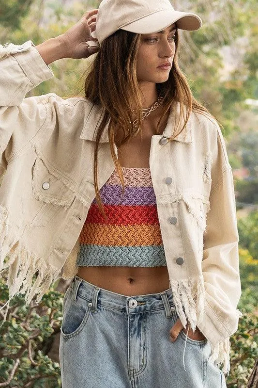 PLUS Fringe-Detailed | Cropped Denim Jacket