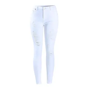 Pure White Distressed Stretch Denim Pants