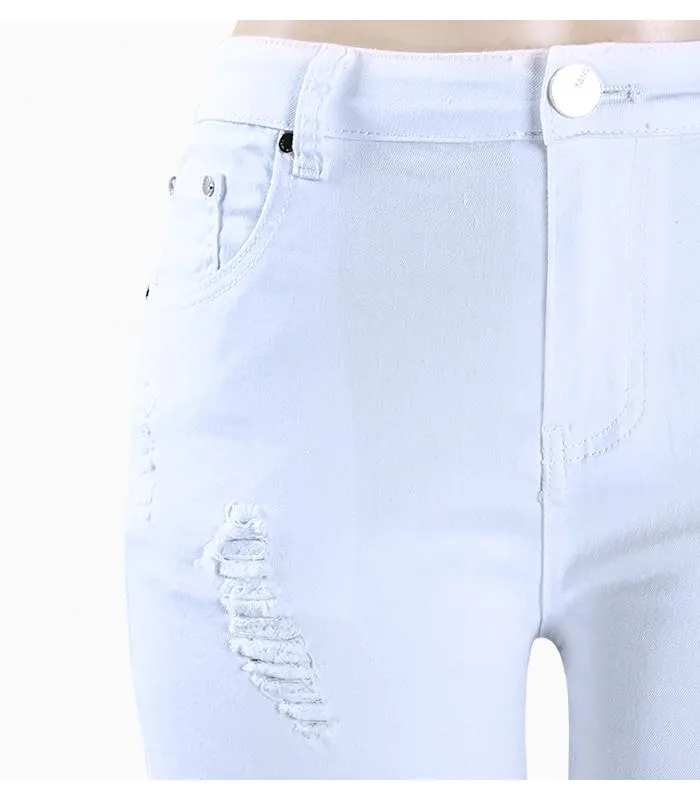 Pure White Distressed Stretch Denim Pants