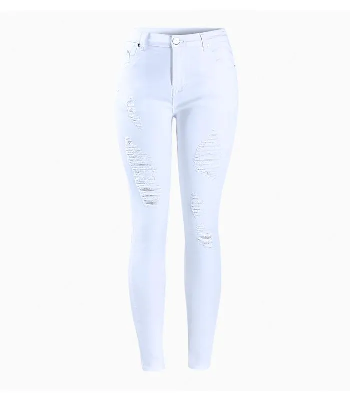 Pure White Distressed Stretch Denim Pants