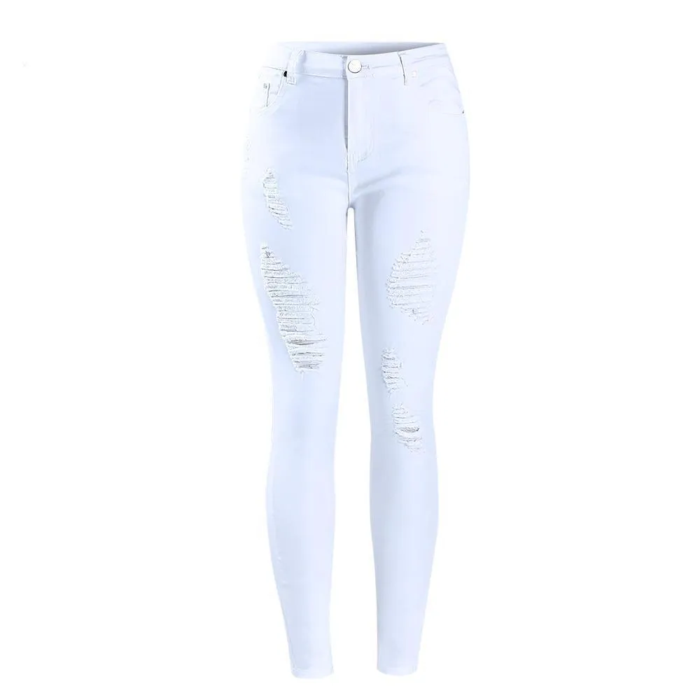 Pure White Distressed Stretch Denim Pants