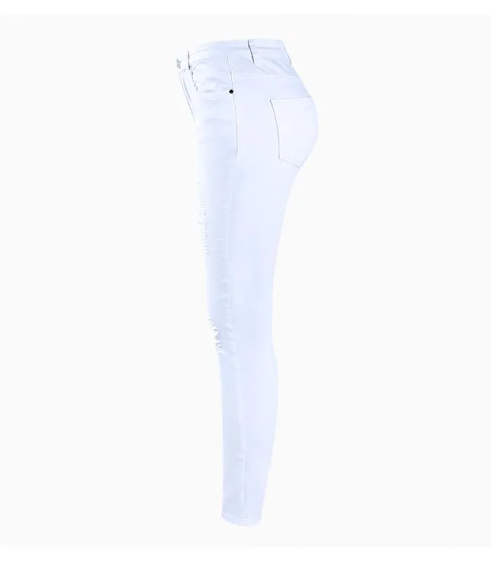 Pure White Distressed Stretch Denim Pants
