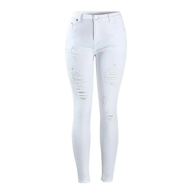 Pure White Distressed Stretch Denim Pants