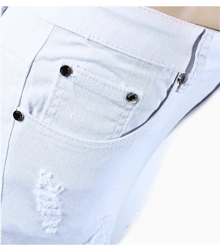 Pure White Distressed Stretch Denim Pants