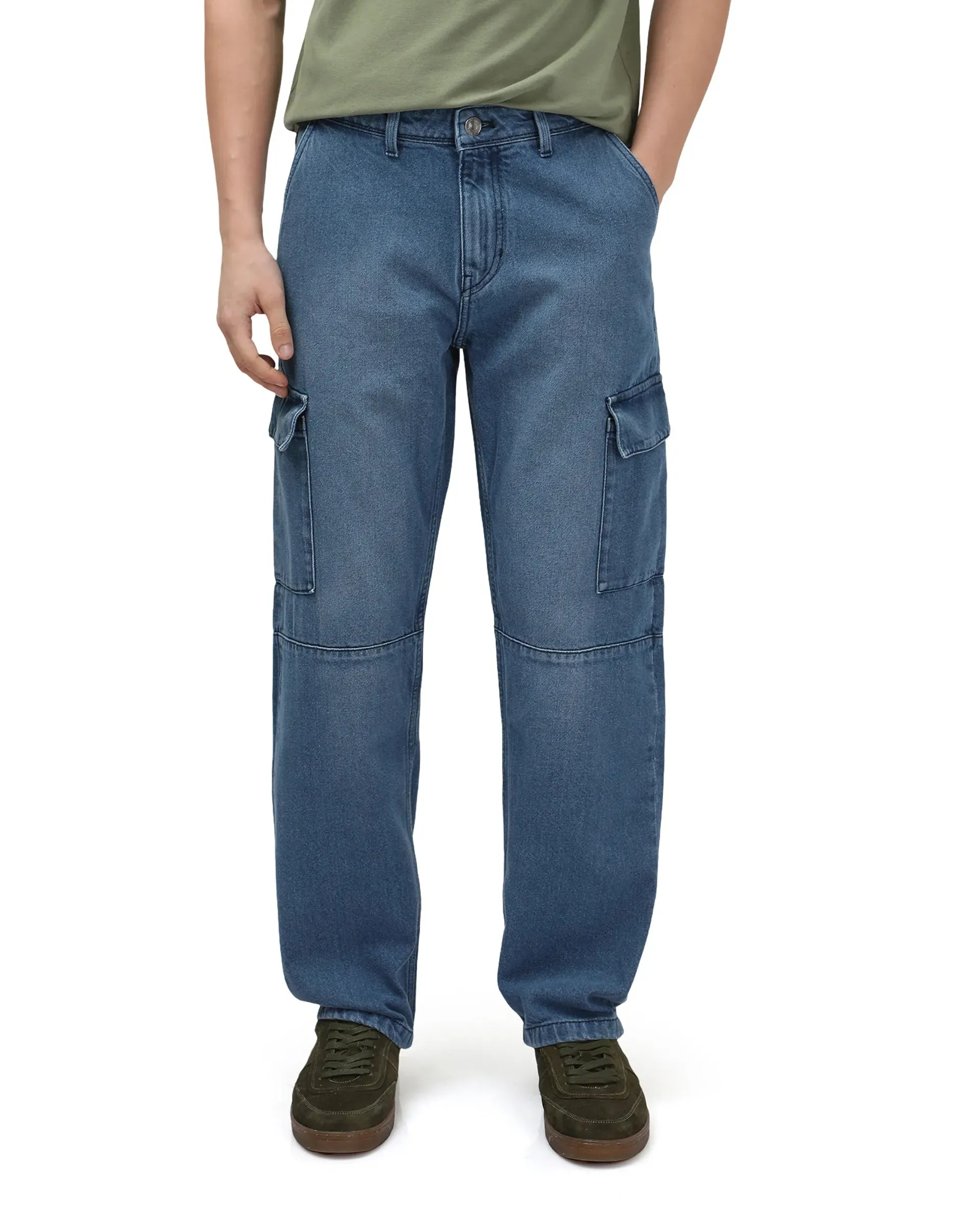 Rare Rabbit Men's Ivo Blue Cotton Fabric Mid Wash Mid Rise Cargo Style Baggy Fit Cut and Sew Plain Jeans