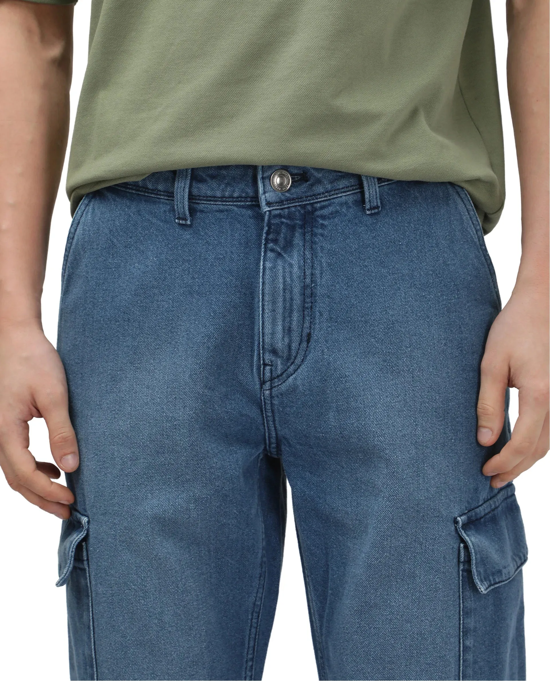 Rare Rabbit Men's Ivo Blue Cotton Fabric Mid Wash Mid Rise Cargo Style Baggy Fit Cut and Sew Plain Jeans