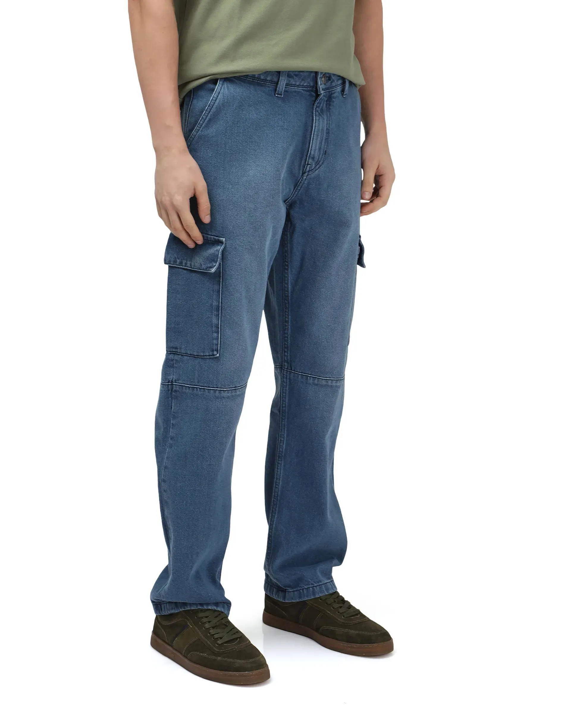 Rare Rabbit Men's Ivo Blue Cotton Fabric Mid Wash Mid Rise Cargo Style Baggy Fit Cut and Sew Plain Jeans