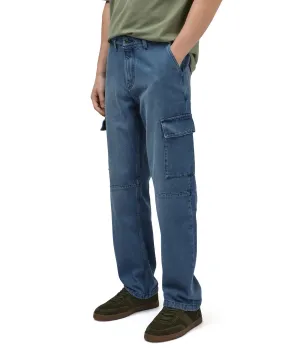 Rare Rabbit Men's Ivo Blue Cotton Fabric Mid Wash Mid Rise Cargo Style Baggy Fit Cut and Sew Plain Jeans