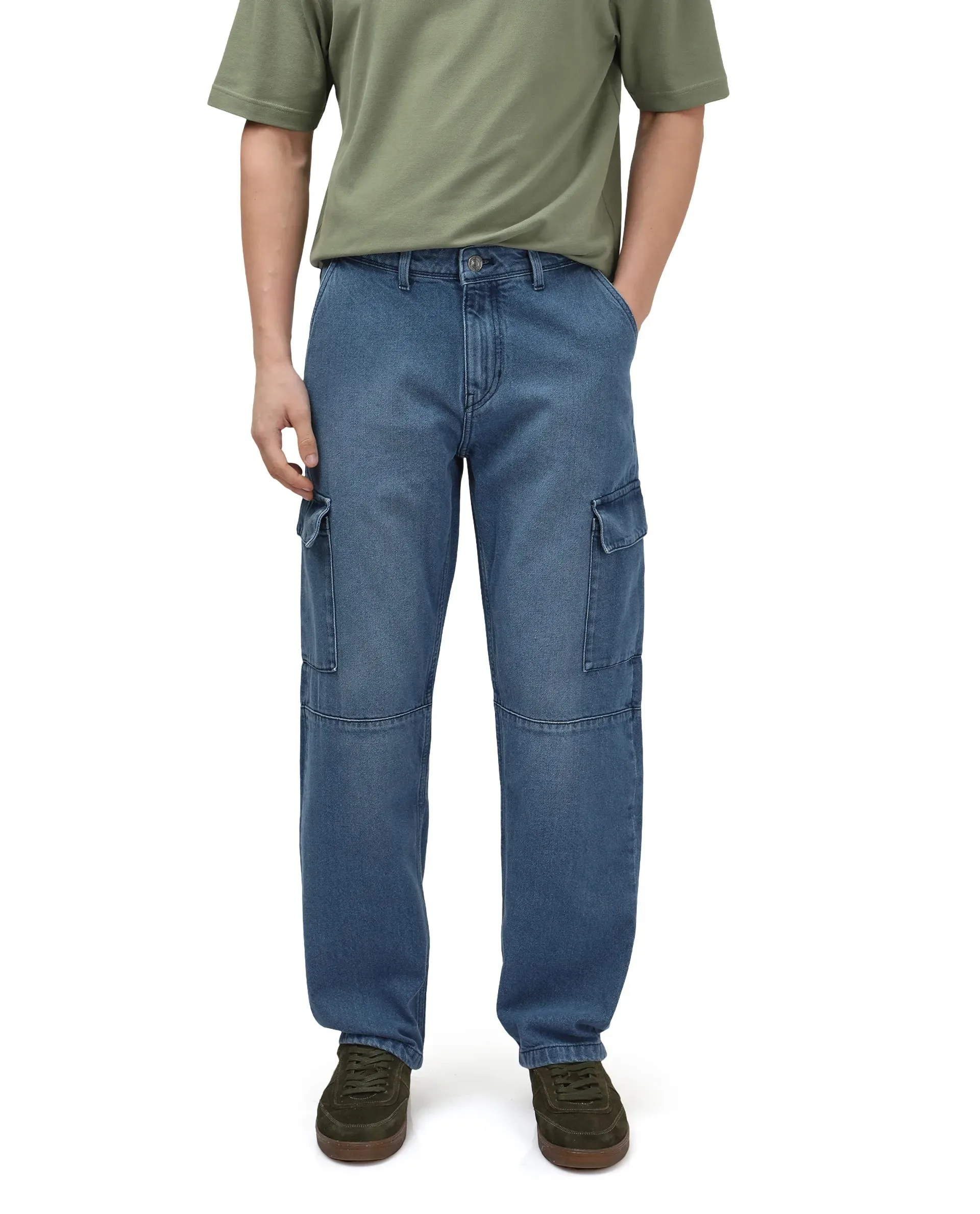 Rare Rabbit Men's Ivo Blue Cotton Fabric Mid Wash Mid Rise Cargo Style Baggy Fit Cut and Sew Plain Jeans