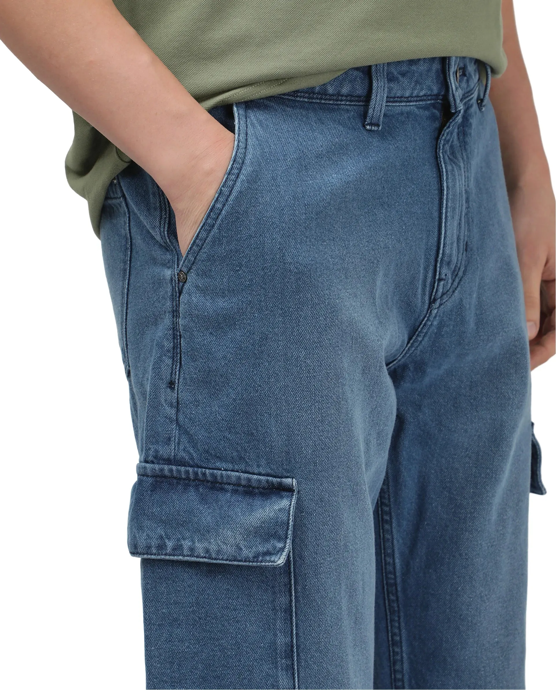 Rare Rabbit Men's Ivo Blue Cotton Fabric Mid Wash Mid Rise Cargo Style Baggy Fit Cut and Sew Plain Jeans