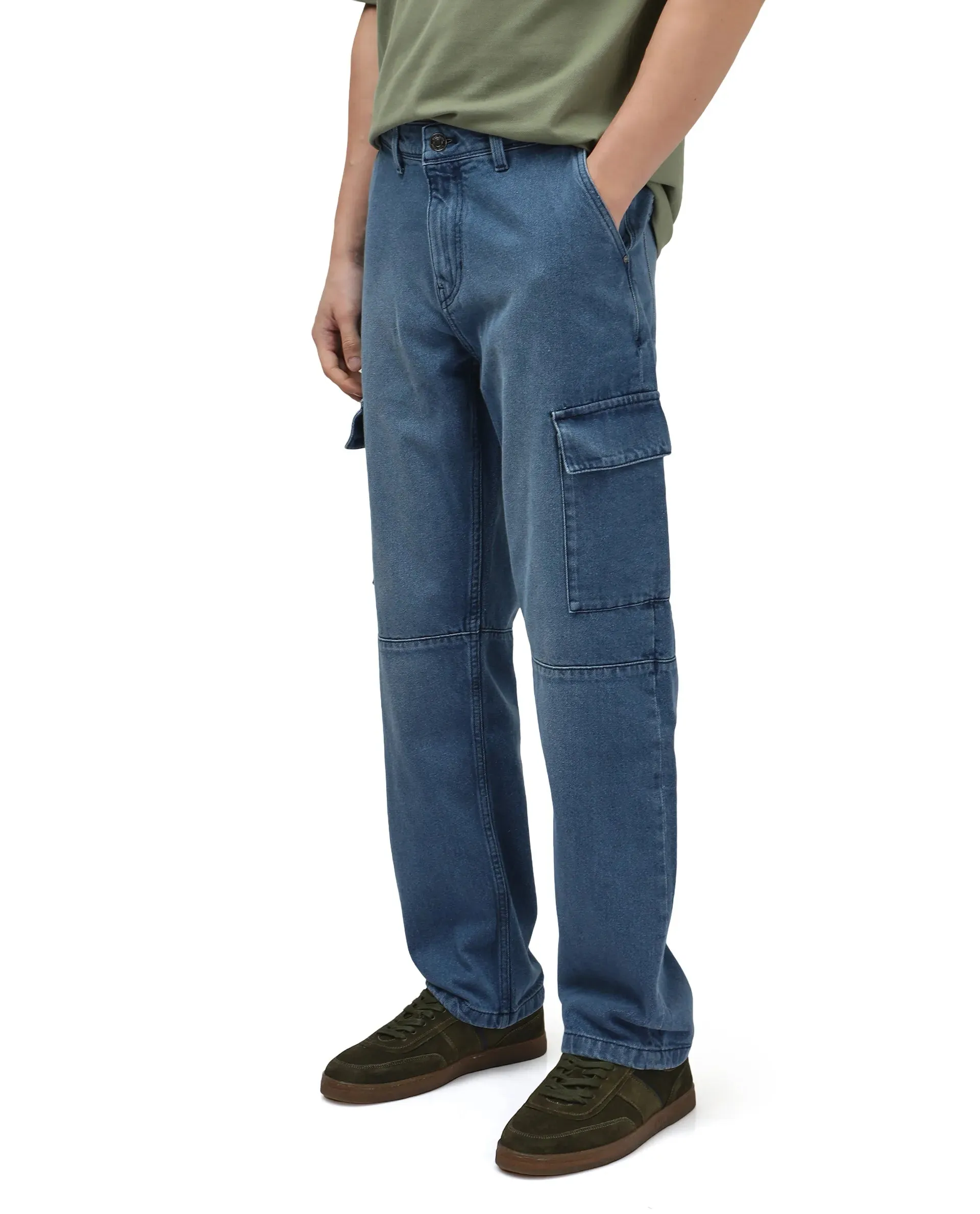 Rare Rabbit Men's Ivo Blue Cotton Fabric Mid Wash Mid Rise Cargo Style Baggy Fit Cut and Sew Plain Jeans