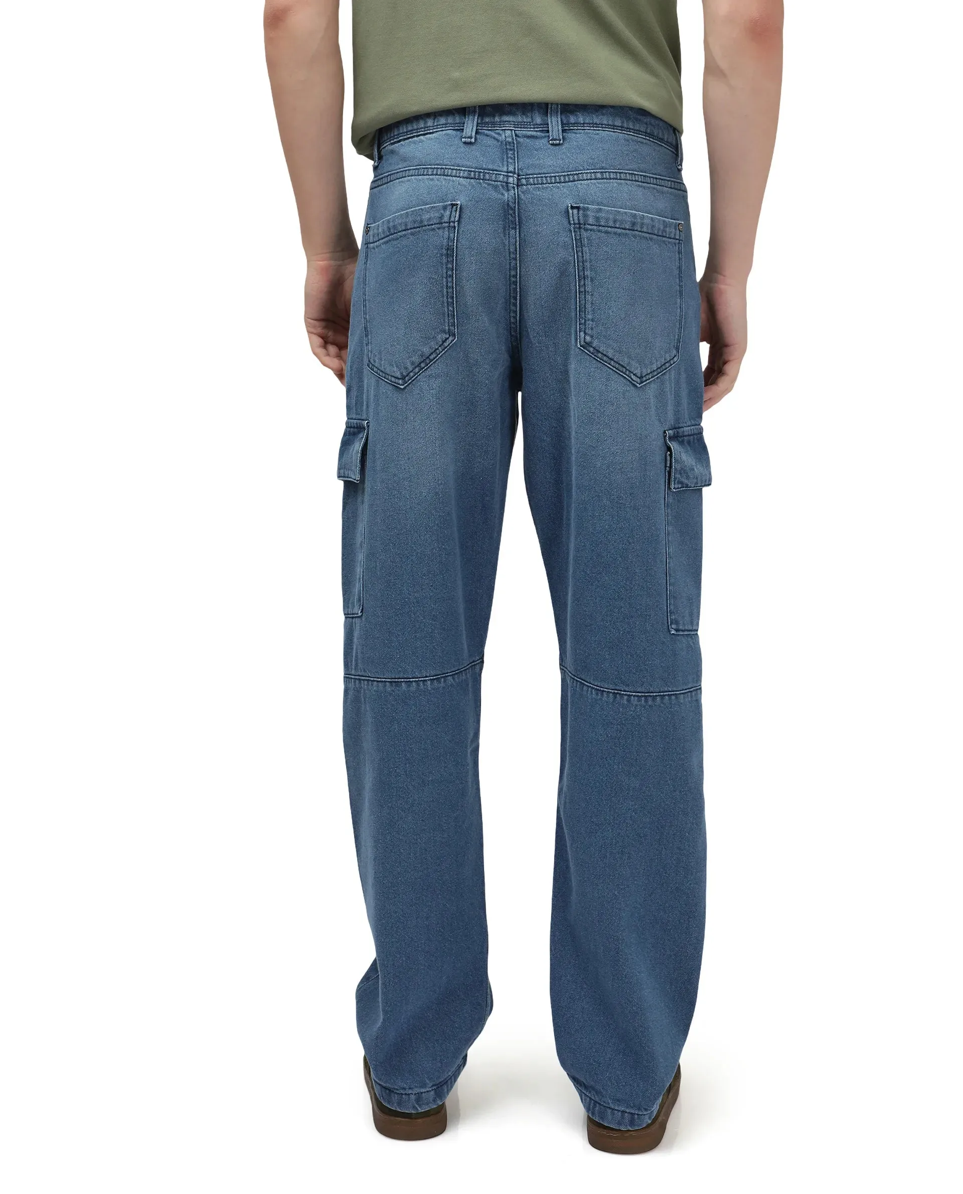 Rare Rabbit Men's Ivo Blue Cotton Fabric Mid Wash Mid Rise Cargo Style Baggy Fit Cut and Sew Plain Jeans