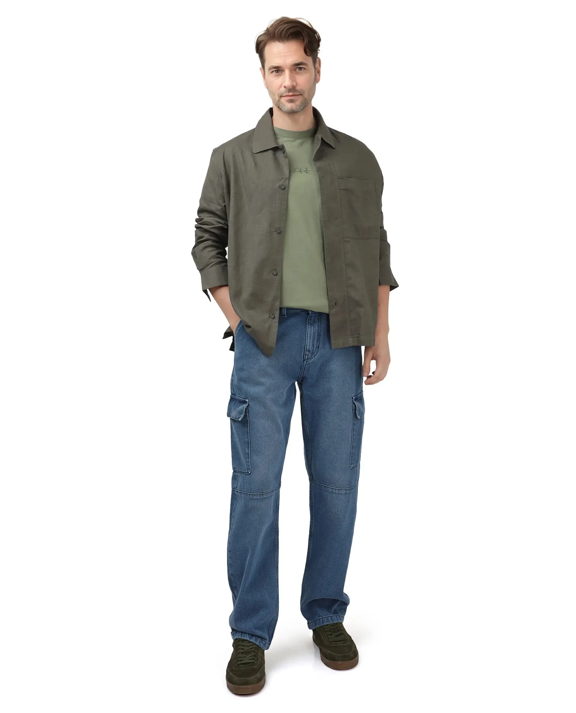 Rare Rabbit Men's Ivo Blue Cotton Fabric Mid Wash Mid Rise Cargo Style Baggy Fit Cut and Sew Plain Jeans