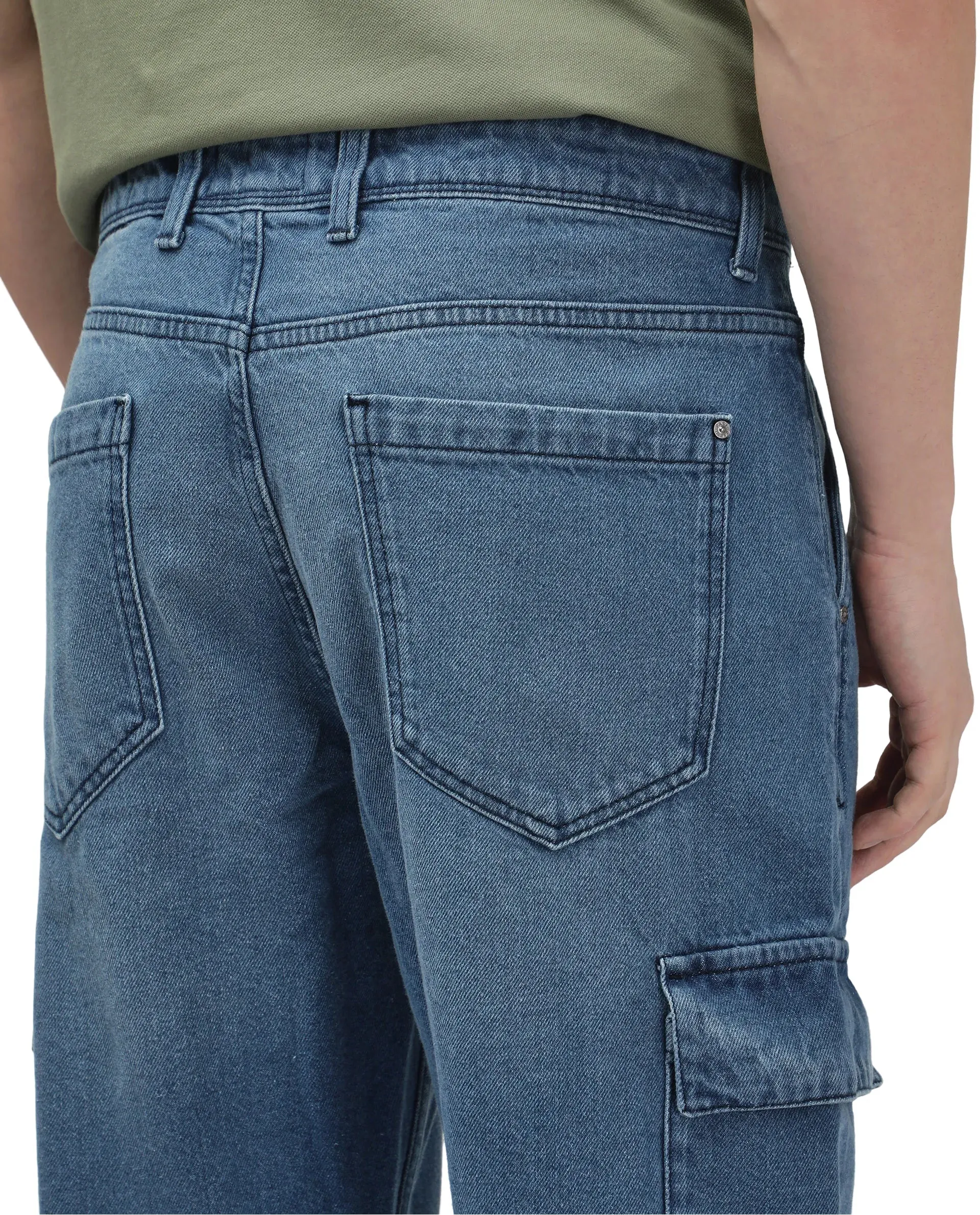 Rare Rabbit Men's Ivo Blue Cotton Fabric Mid Wash Mid Rise Cargo Style Baggy Fit Cut and Sew Plain Jeans
