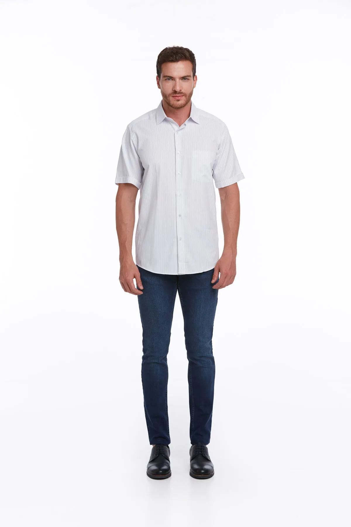 Regular Fit Short Sleeve Checked Cotton Blend Dress Shirt, Blue C