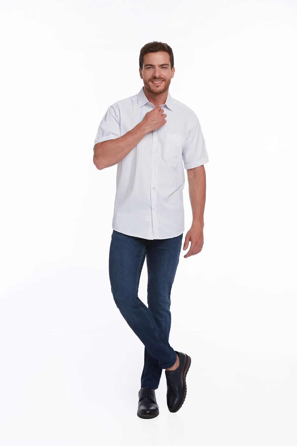 Regular Fit Short Sleeve Checked Cotton Blend Dress Shirt, Blue C