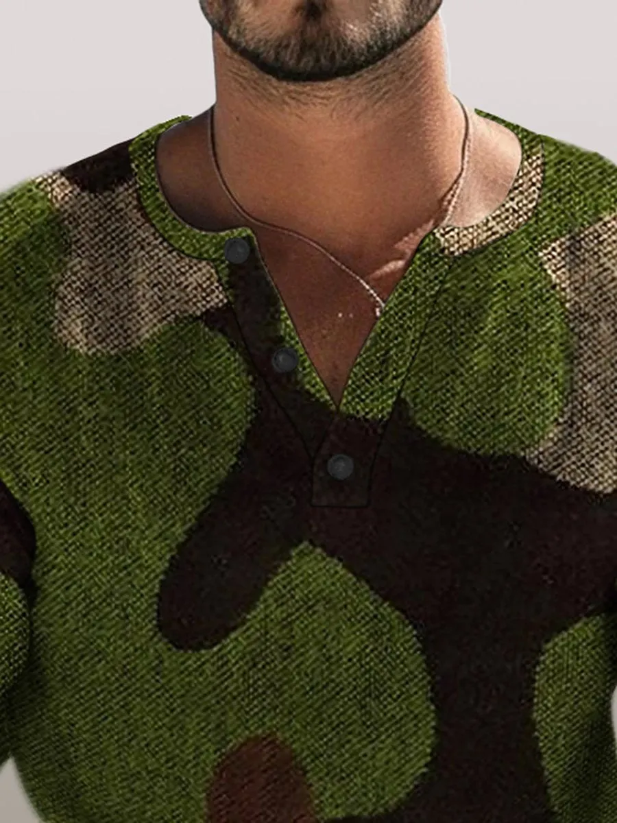 Retro Camouflage Print Long Sleeve Henley T-Shirt