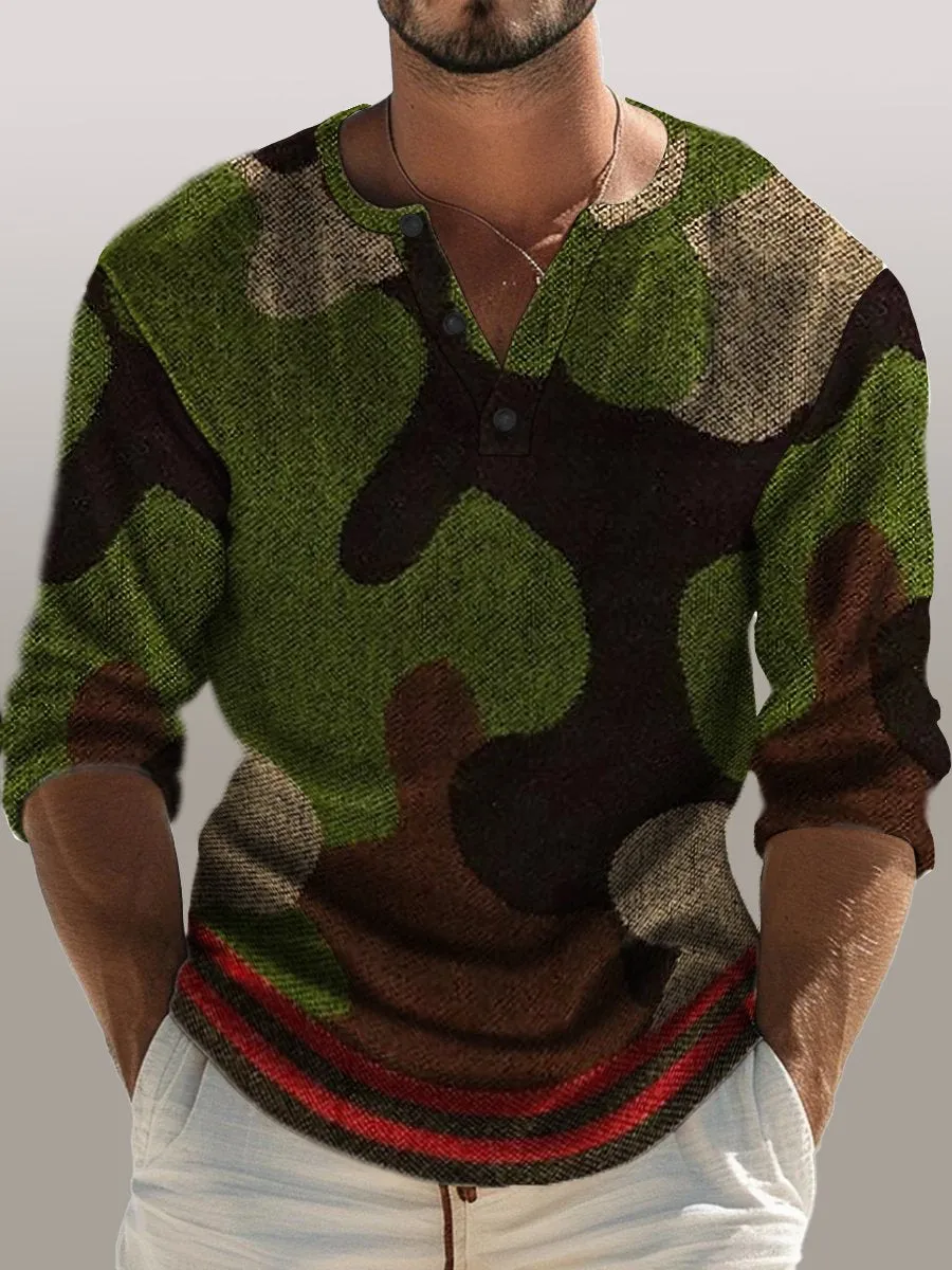Retro Camouflage Print Long Sleeve Henley T-Shirt