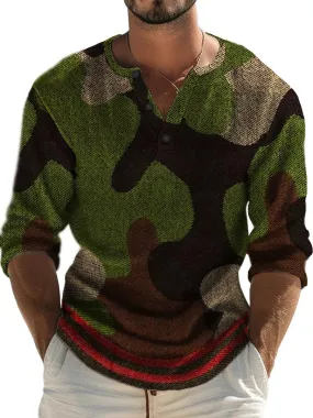 Retro Camouflage Print Long Sleeve Henley T-Shirt