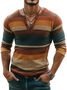 Retro Contrast Stripe Print Casual Henley T-Shirt