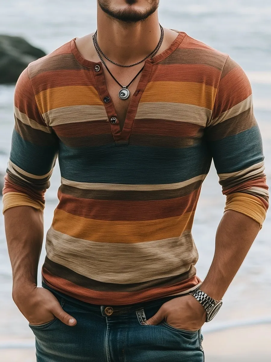 Retro Contrast Stripe Print Casual Henley T-Shirt